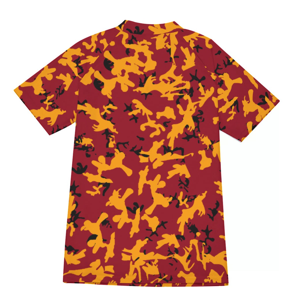 Athletic sports compression shirt for youth and adult football, basketball, baseball, cycling, softball etc printed with camouflage maroon, yellow, black colors