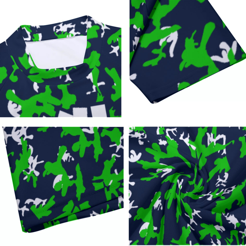 Athletic sports compression shirt for youth and adult football, basketball, baseball, cycling, softball etc printed with camouflage navy blue, green, white colors