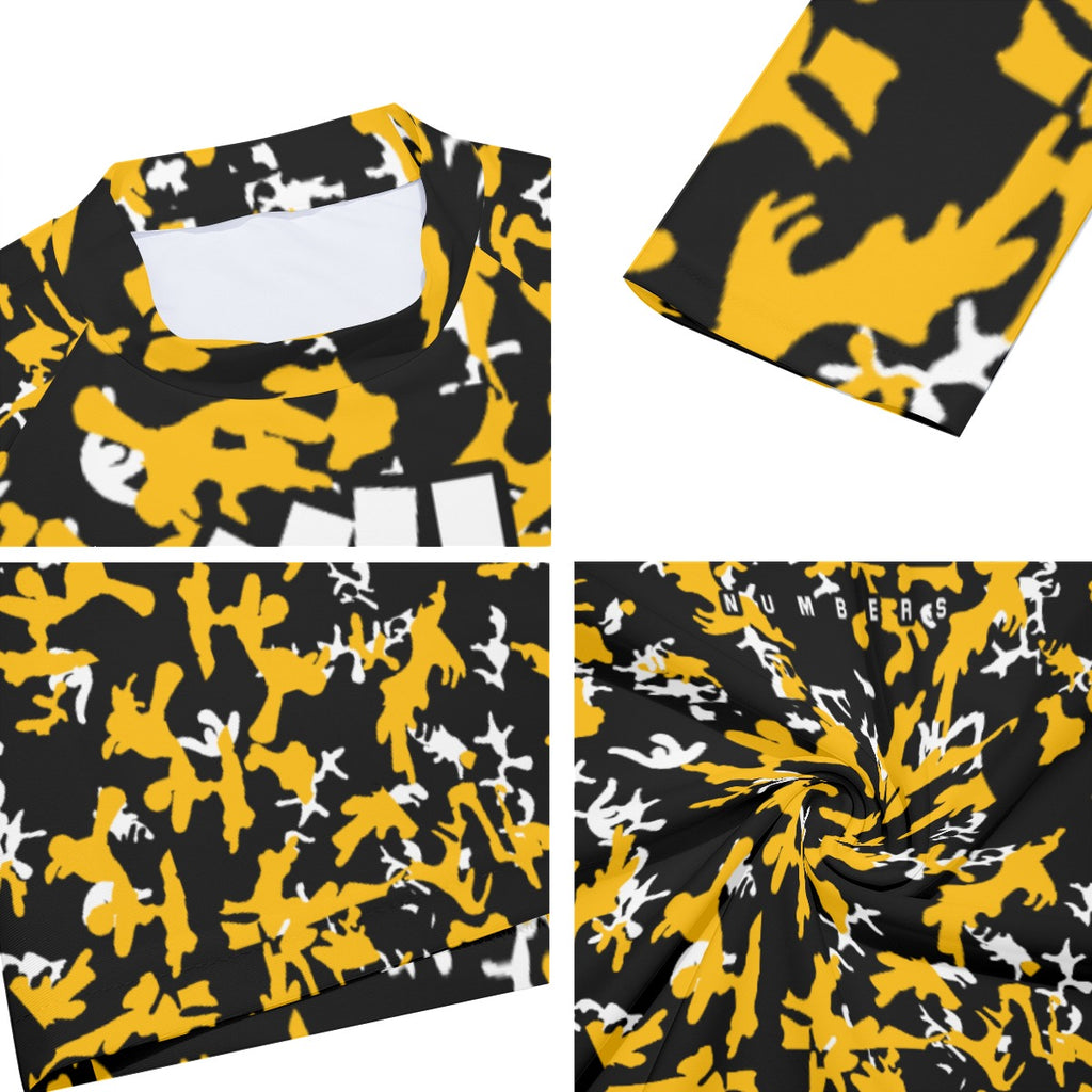Athletic sports compression shirt for youth and adult football, basketball, baseball, cycling, softball etc printed with camouflage black, yellow, white colors