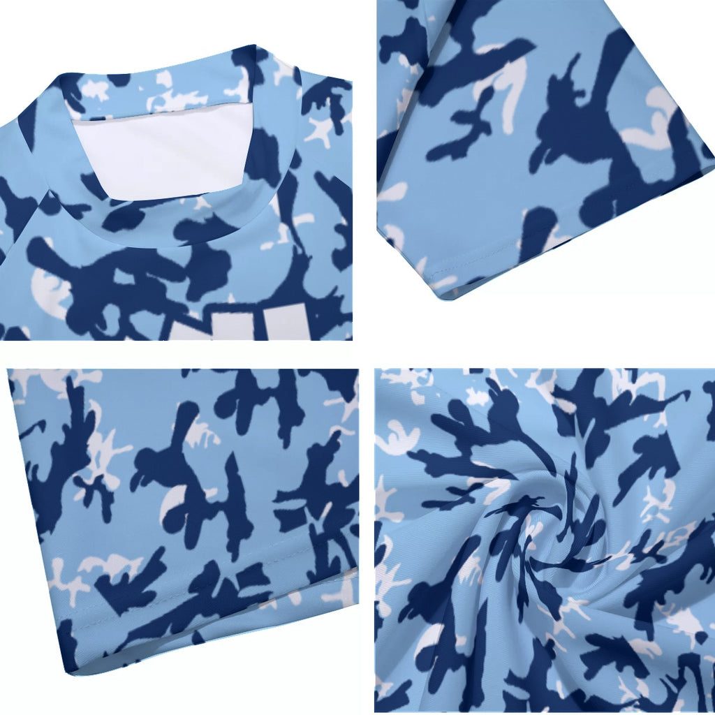 Athletic sports compression shirt for youth and adult football, basketball, baseball, cycling, softball etc printed with camouflage baby blue, navy blue, white colors