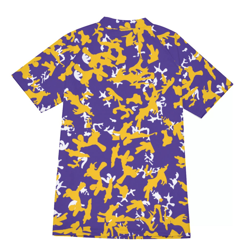 Athletic sports compression shirt for youth and adult football, basketball, baseball, cycling, softball etc printed with camouflage purple, yellow, white colors