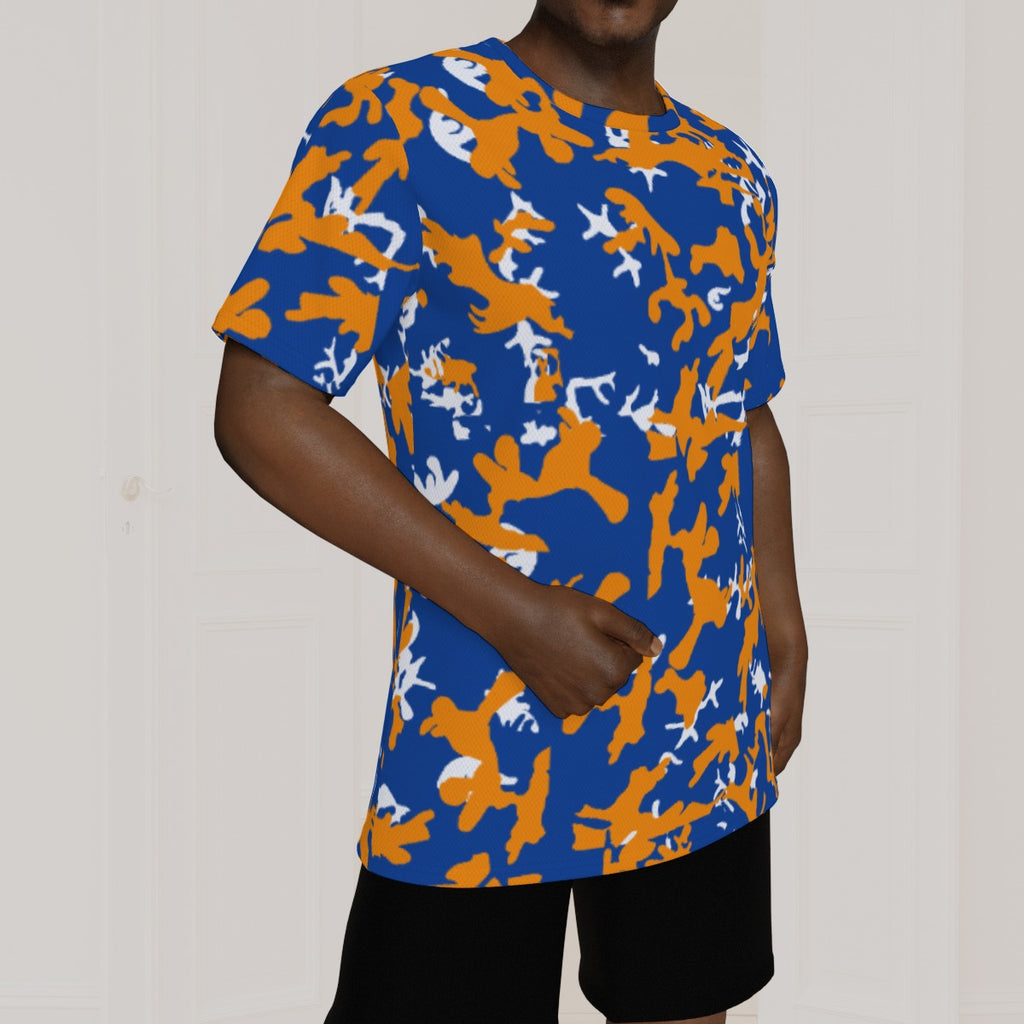 Athletic sports performance shirt for youth and adult football, basketball, baseball, softball, practice, training, etc. printed with camouflage orange, blue, white colors