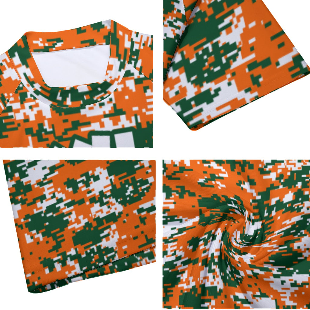 Athletic sports compression arm sleeve for youth and adult football, basketball, baseball, and softball printed with orange, green, and white colors Miami Hurricanes. 