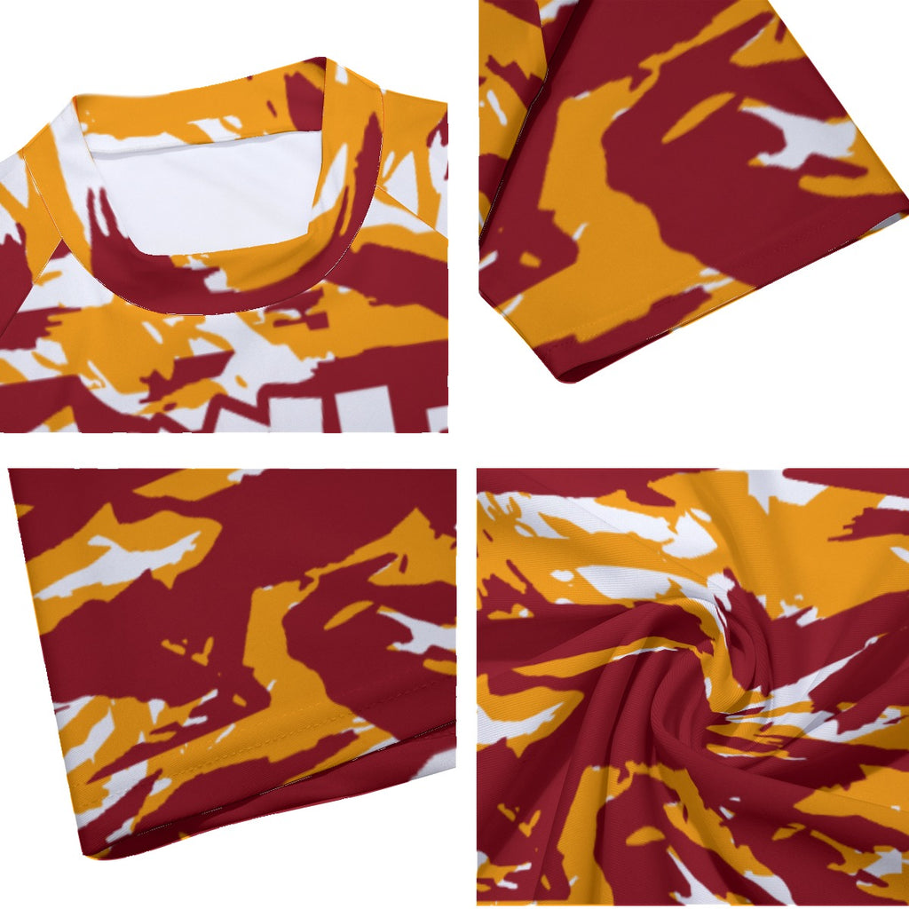 Athletic sports compression arm sleeve for youth and adult football, basketball, baseball, and softball printed with maroon, yellow, and white colors Washington Commanders. 