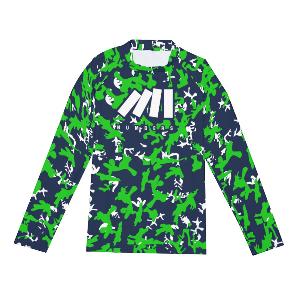 Athletic sports compression shirt for youth and adult football, basketball, baseball, cycling, softball etc printed with camouflage blue and green colors