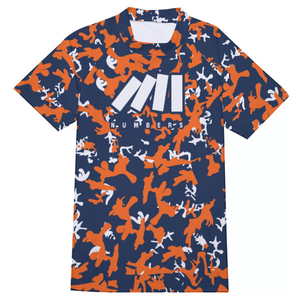 Athletic sports compression shirt for youth and adult football, basketball, baseball, cycling, softball etc printed with camouflage navy blue, orange, white colors