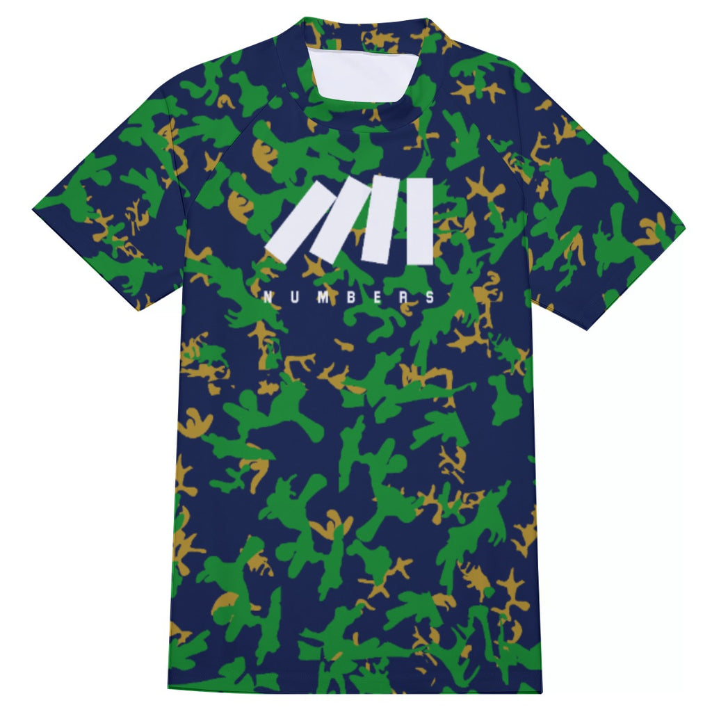 Athletic sports compression shirt for youth and adult football, basketball, baseball, cycling, softball etc printed with camouflage navy blue, green, gold colors