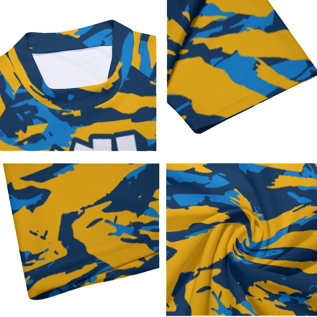 Athletic sports compression arm sleeve for youth and adult football, basketball, baseball, and softball printed with blue, light blue, and yellow colors Los Angeles Chargers. 