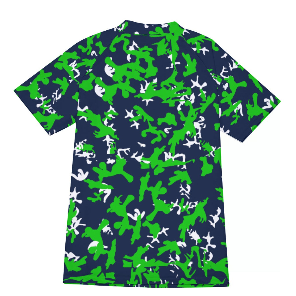 Athletic sports compression shirt for youth and adult football, basketball, baseball, cycling, softball etc printed with camouflage navy blue, green, white colors