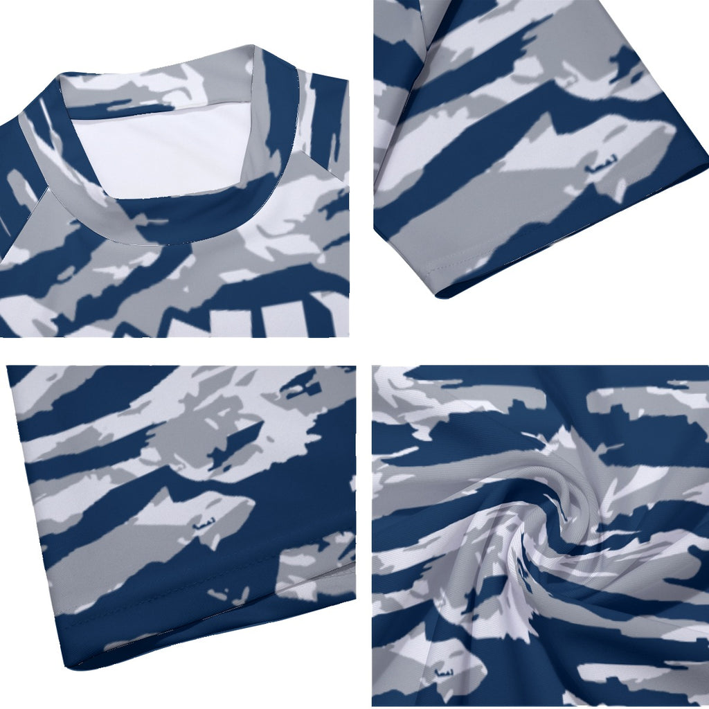 Athletic sports compression arm sleeve for youth and adult football, basketball, baseball, and softball printed with navy blue, white, and gray colors Dallas Cowboys. 