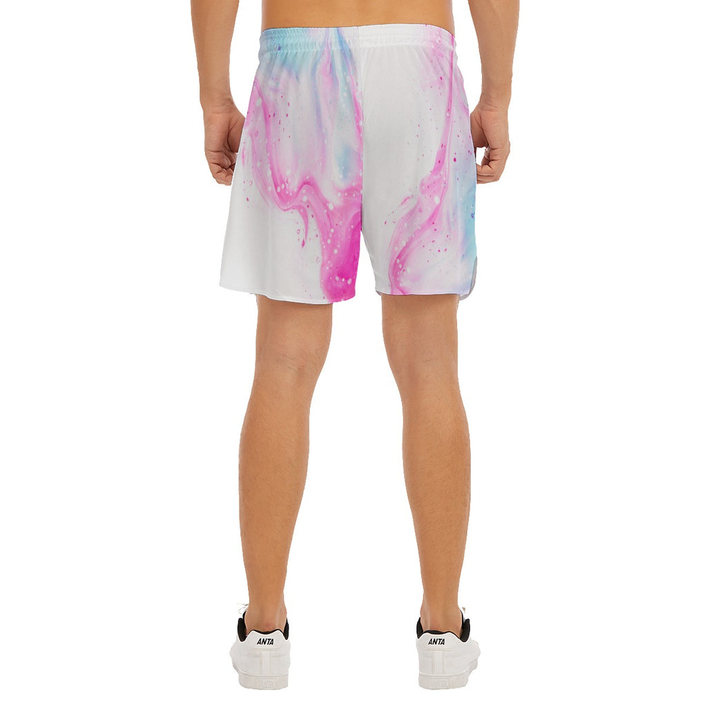 Stylish short shorts for sports like track, running, athletic performance, gym workout, training, etc. printed with tie dye white, pink and blue