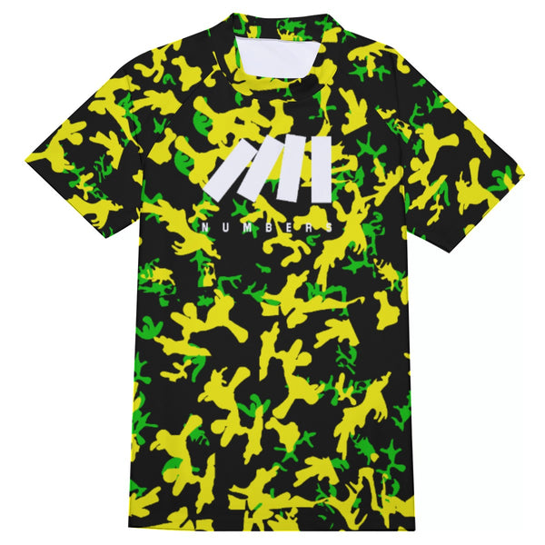 Athletic sports compression shirt for youth and adult football, basketball, baseball, cycling, softball etc printed with camouflage neon green, neon yellow, black