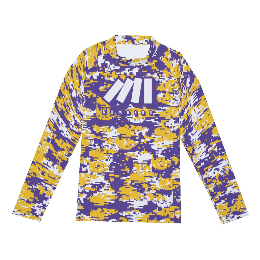 Athletic sports compression shirt for youth and adult football, basketball, baseball, cycling, softball etc printed yellow, purple, and white colors.