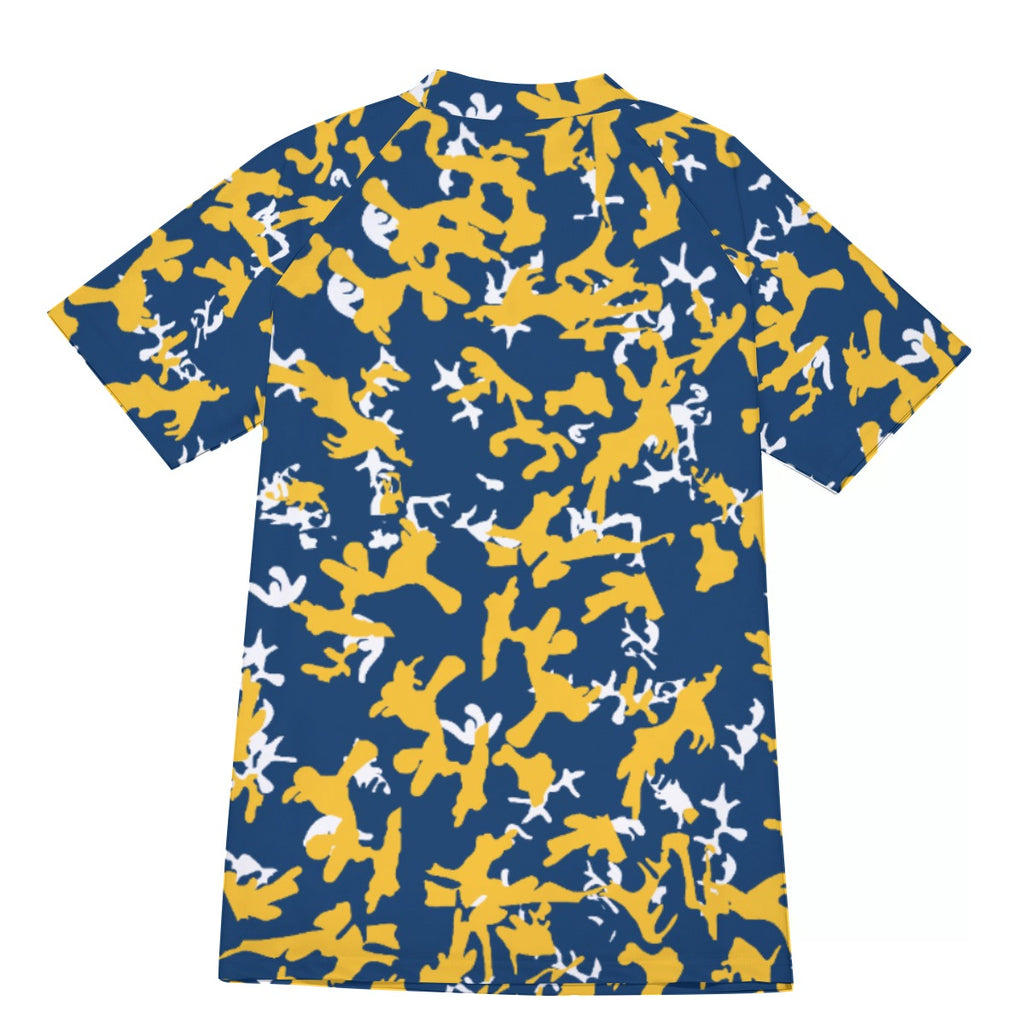 Athletic sports compression shirt for youth and adult football, basketball, baseball, cycling, softball etc printed with camouflage navy blue, yellow, white colors