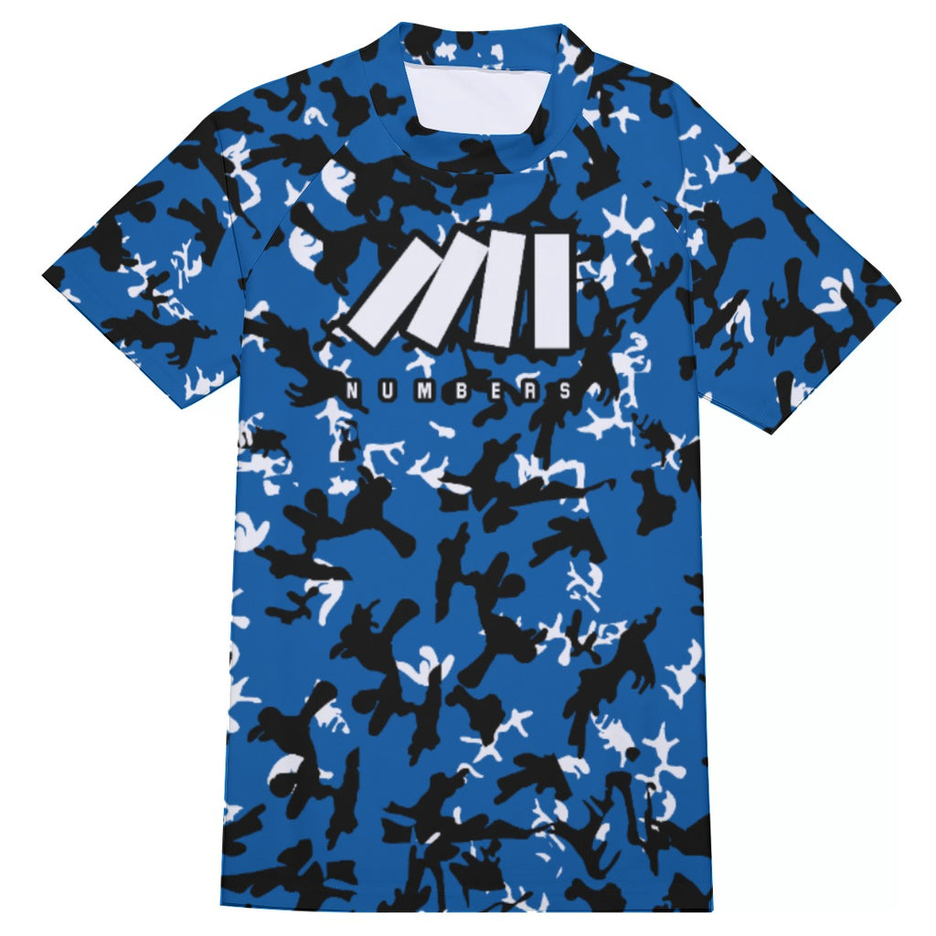 Athletic sports compression shirt for youth and adult football, basketball, baseball, cycling, softball etc printed with camouflage blue, black, white colors