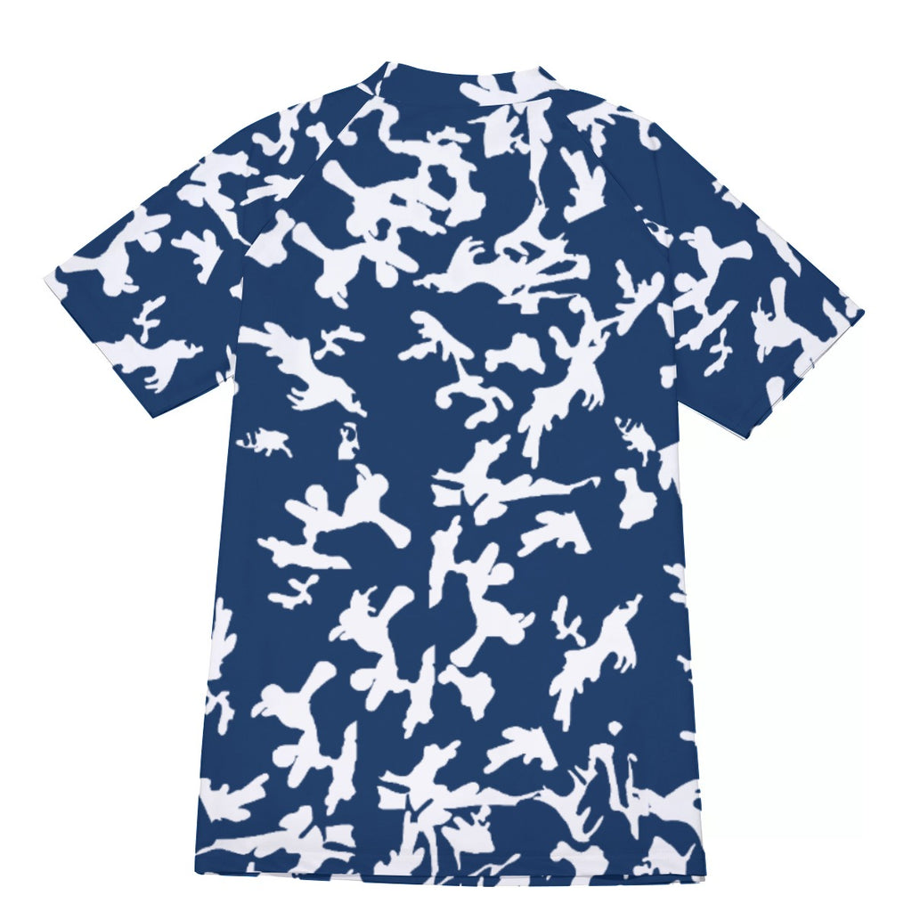 Athletic sports compression shirt for youth and adult football, basketball, baseball, cycling, softball etc printed with camouflage navy blue and white colors