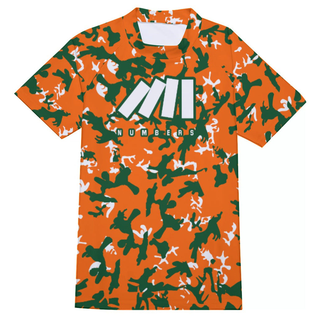 Athletic sports compression shirt for youth and adult football, basketball, baseball, cycling, softball etc printed with camouflage orange, green, white colors
