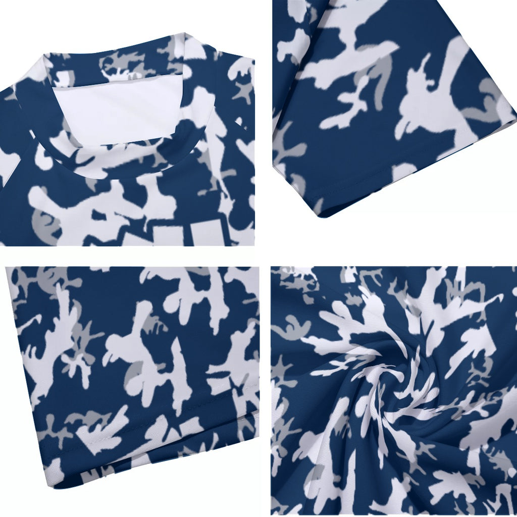 Athletic sports compression shirt for youth and adult football, basketball, baseball, cycling, softball etc printed with camo navy blue, gray, white