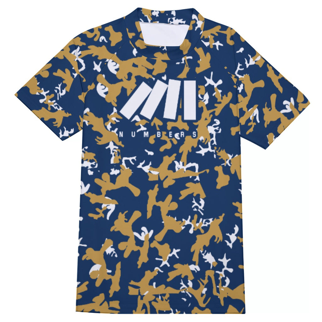Athletic sports compression shirt for youth and adult football, basketball, baseball, cycling, softball etc printed with camouflage navy blue, gold, white colors