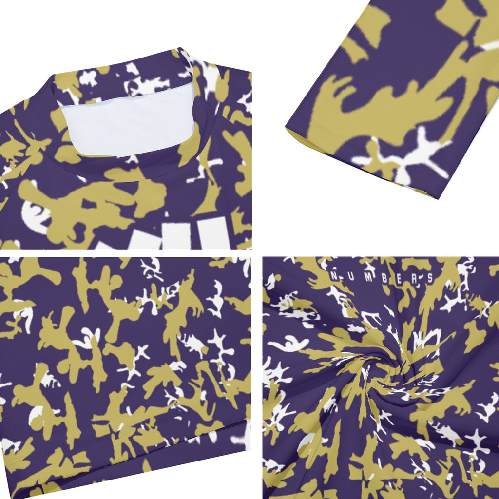 Athletic sports compression shirt for youth and adult football, basketball, baseball, cycling, softball etc printed with camouflage purple, gold, white colors