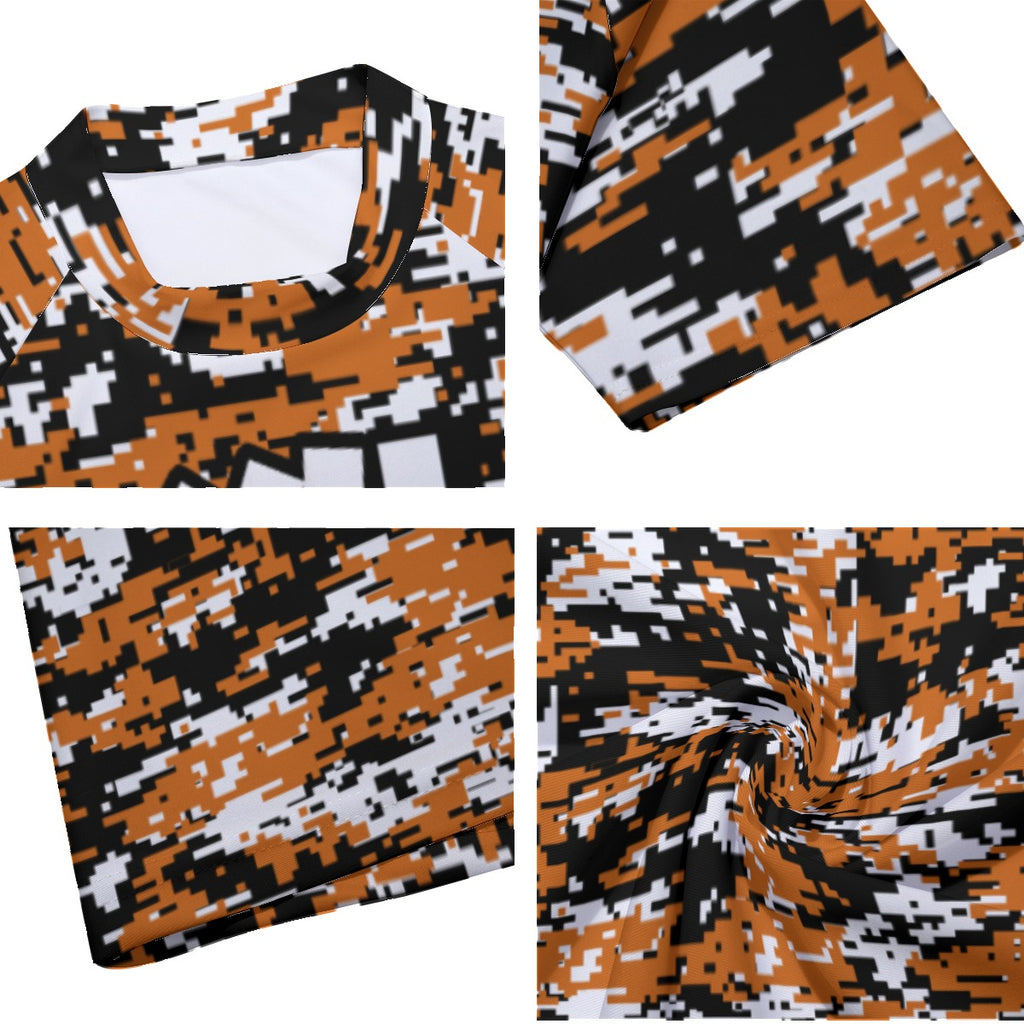 Athletic sports compression arm sleeve for youth and adult football, basketball, baseball, and softball printed with burnt orange, white, and black colors Texas Longhorns. 