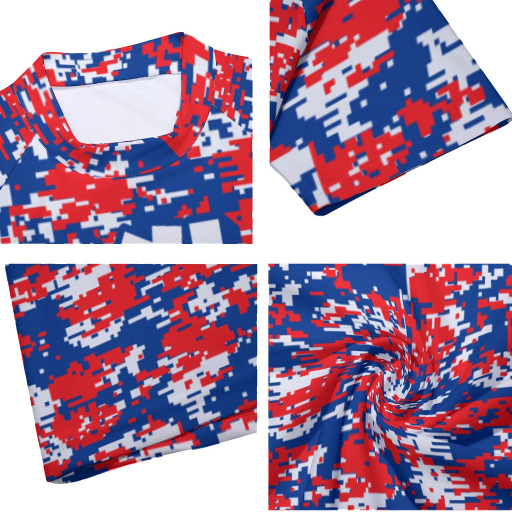 Athletic sports compression arm sleeve for youth and adult football, basketball, baseball, and softball printed with red, white, and blue colors Detroit Pistons. 