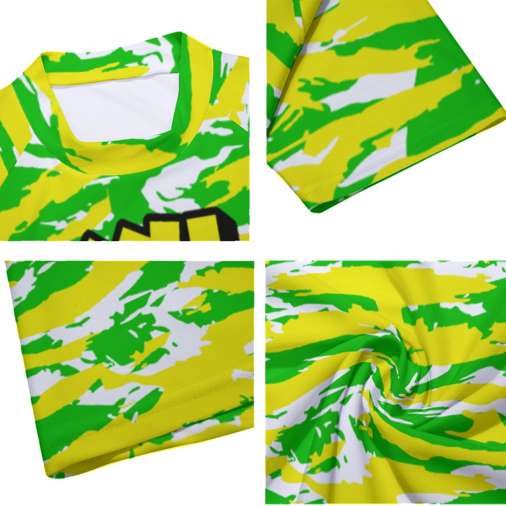 Athletic sports compression arm sleeve for youth and adult football, basketball, baseball, and softball printed with neon yellow, neon green, and white colors Oregon Ducks. 