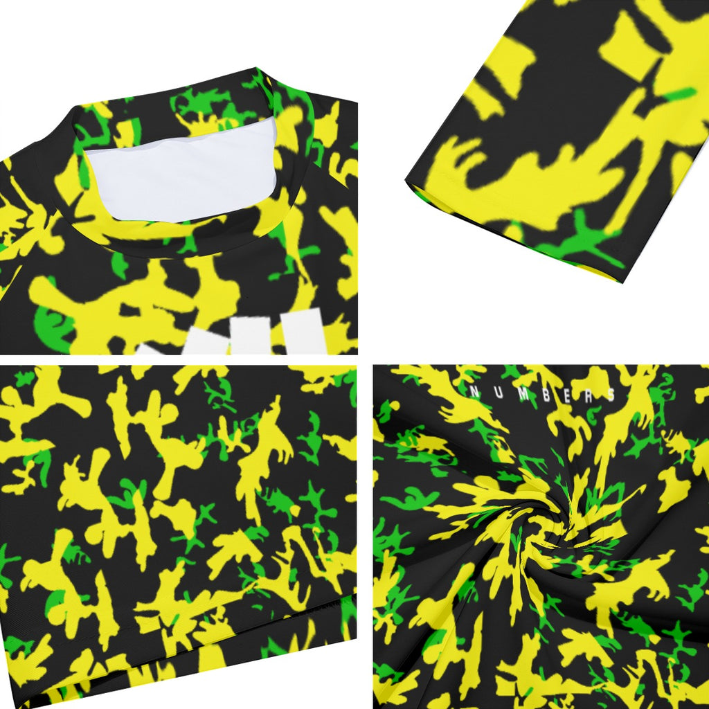 Athletic sports compression shirt for youth and adult football, basketball, baseball, cycling, softball etc printed with camouflage fluorescent, green, yellow, black colors