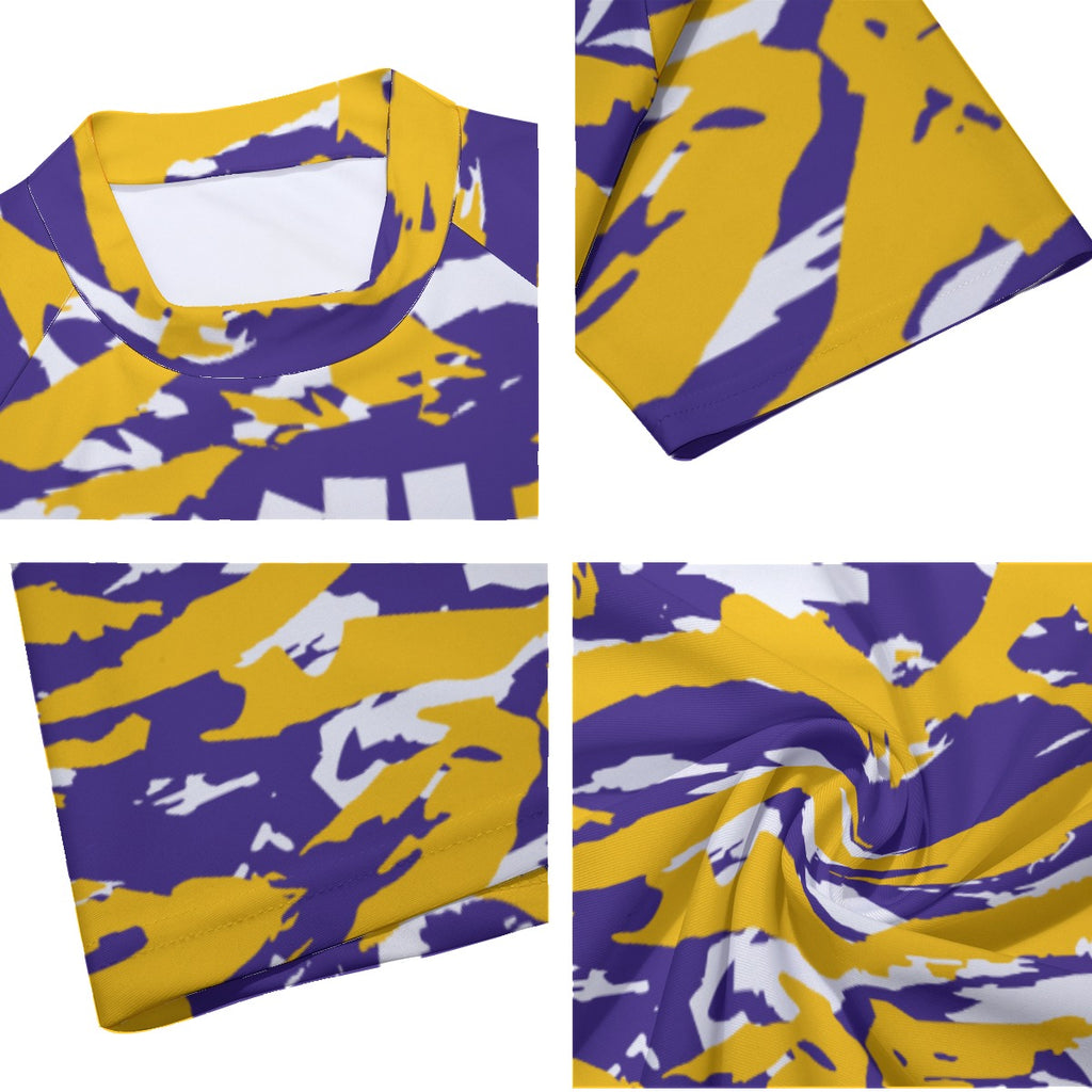 Athletic sports compression arm sleeve for youth and adult football, basketball, baseball, and softball printed with purple, yellow, and white colors Minnesota Vikings. 