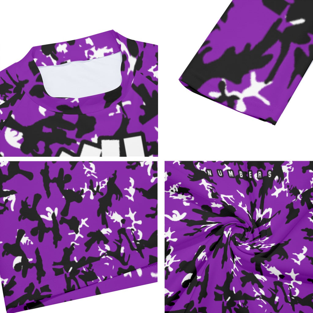 Athletic sports compression shirt for youth and adult football, basketball, baseball, cycling, softball etc printed with camouflage purple, black, white colors