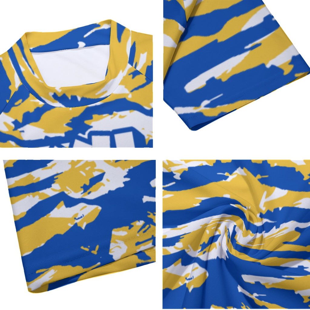 Athletic sports compression arm sleeve for youth and adult football, basketball, baseball, and softball printed with  blue, yellow, and white colors Golden State Warriors.