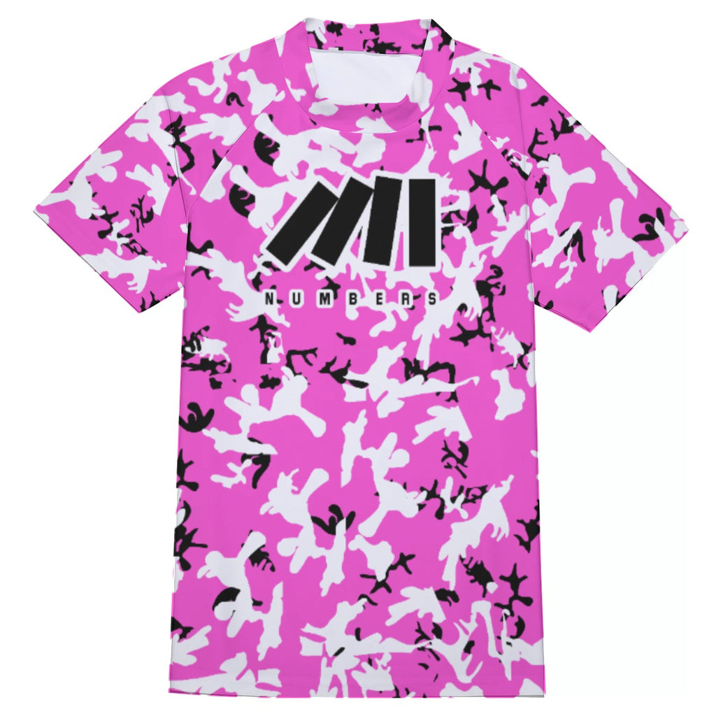 Athletic sports compression shirt for youth and adult football, basketball, baseball, cycling, softball etc printed with camouflage pink, black, white colors