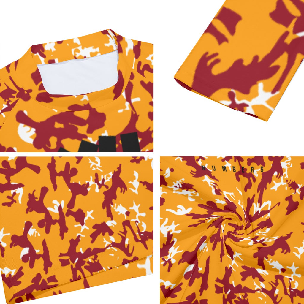 Athletic sports compression shirt for youth and adult football, basketball, baseball, cycling, softball etc printed with camouflage maroon, yellow, white colors