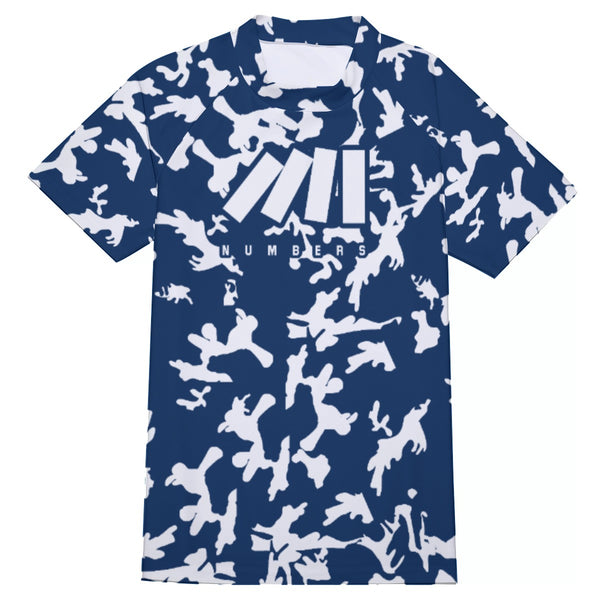 Athletic sports compression shirt for youth and adult football, basketball, baseball, cycling, softball etc printed with camouflage navy blue and white colors
