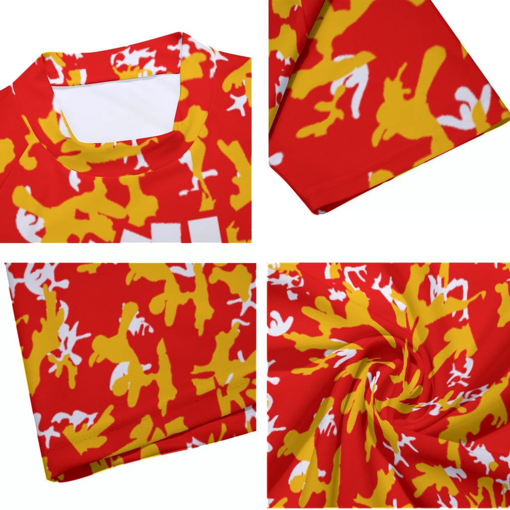 Athletic sports compression shirt for youth and adult football, basketball, baseball, cycling, softball etc printed with camouflage red, yellow, white colors