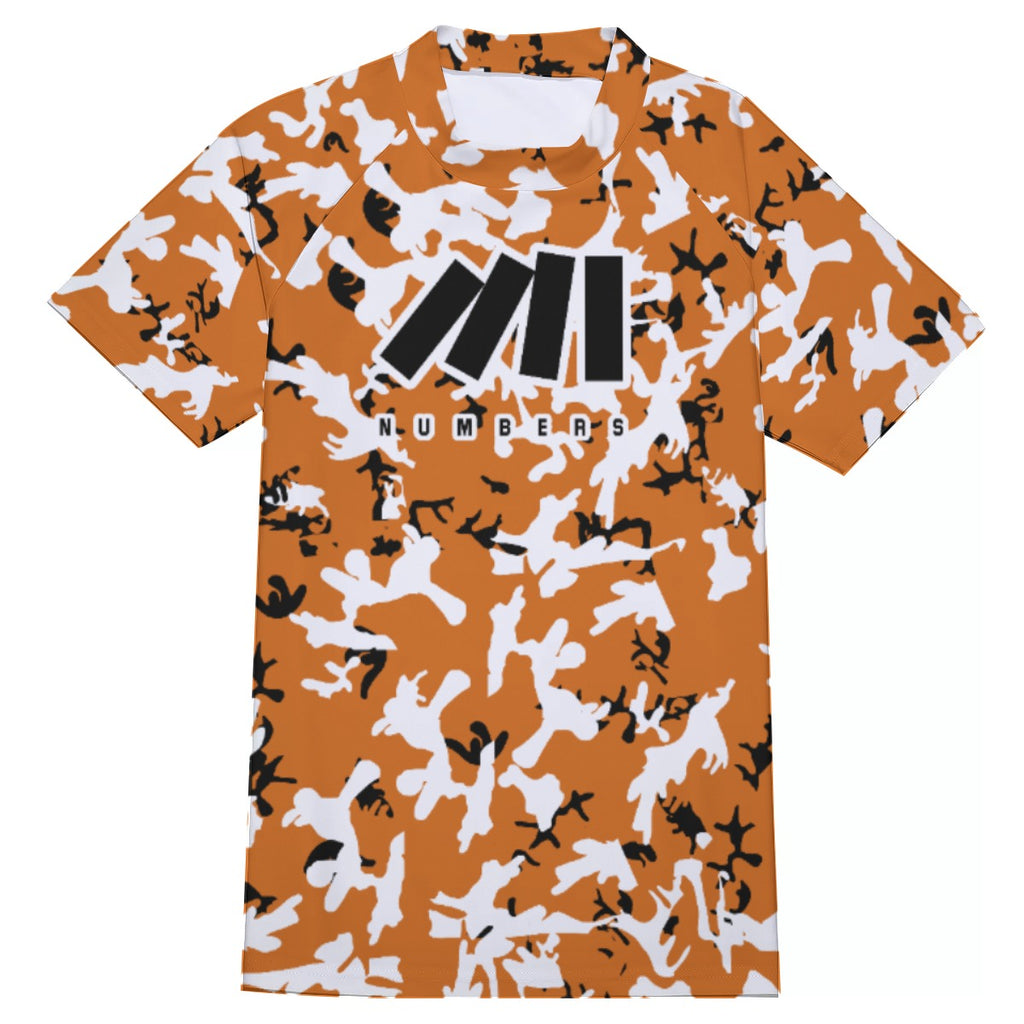 Athletic sports compression shirt for youth and adult football, basketball, baseball, cycling, softball etc printed with camouflage burned orange, black, white colors