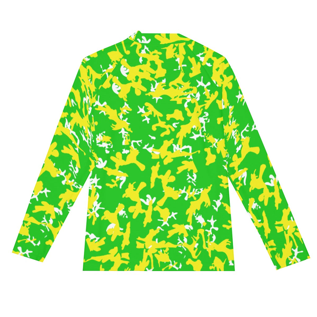Athletic sports compression shirt for youth and adult football, basketball, baseball, cycling, softball etc printed with camouflage fluorescent, green, yellow, and white colors