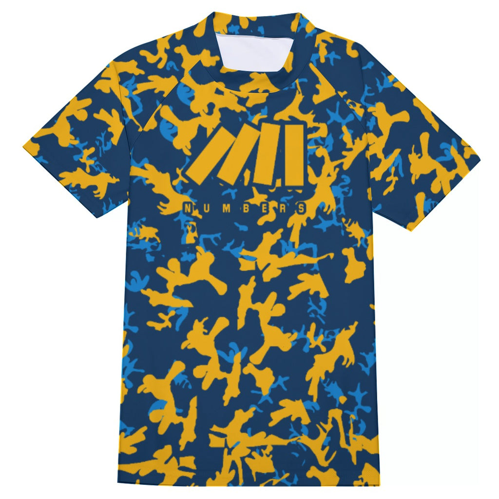 Athletic sports compression shirt for youth and adult football, basketball, baseball, cycling, softball etc printed with camouflage blue, light blue, yellow colors