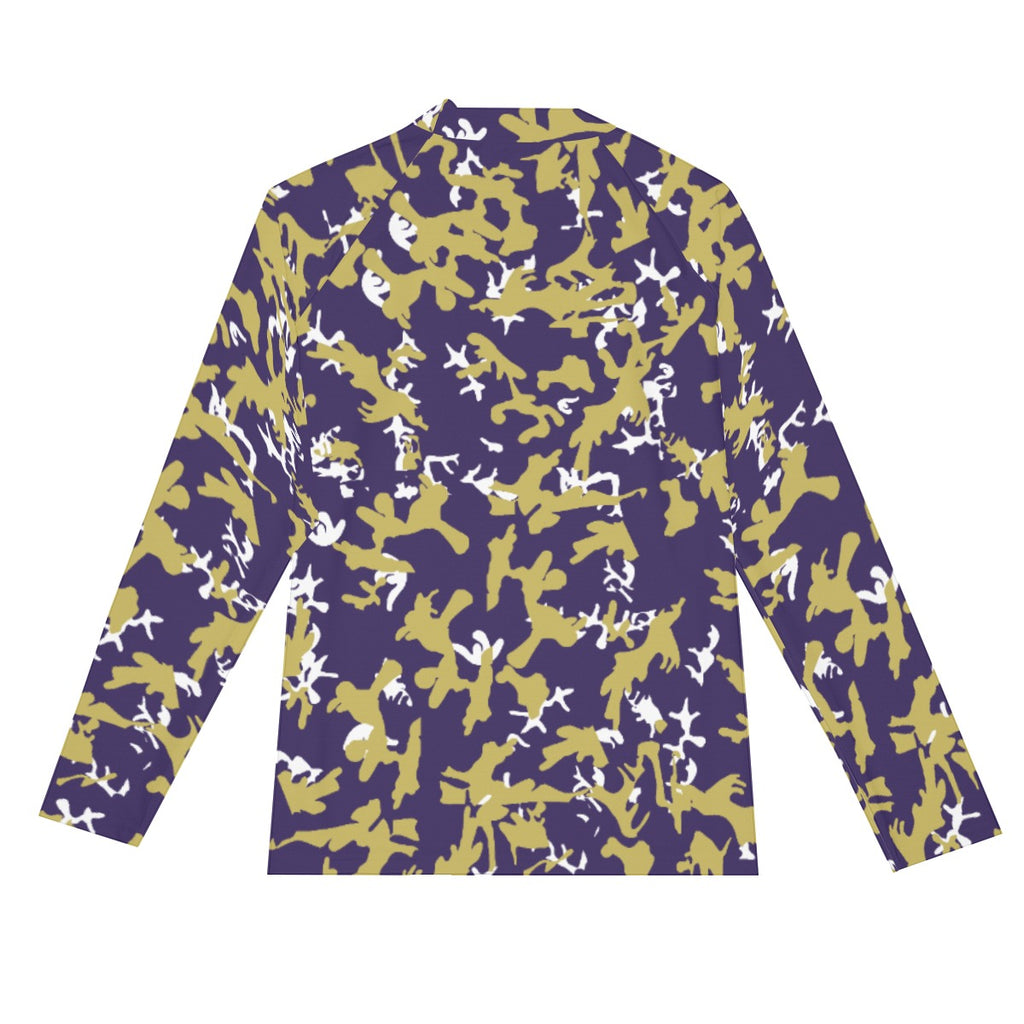 Athletic sports compression shirt for youth and adult football, basketball, baseball, cycling, softball etc printed with camouflage purple, gold, white colors