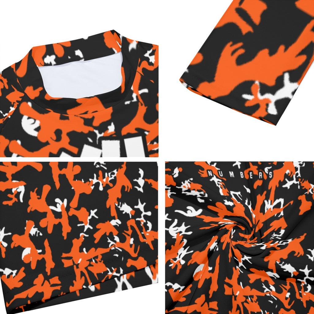 Athletic sports compression shirt for youth and adult football, basketball, baseball, cycling, softball etc printed with camouflage orange, black, white colors