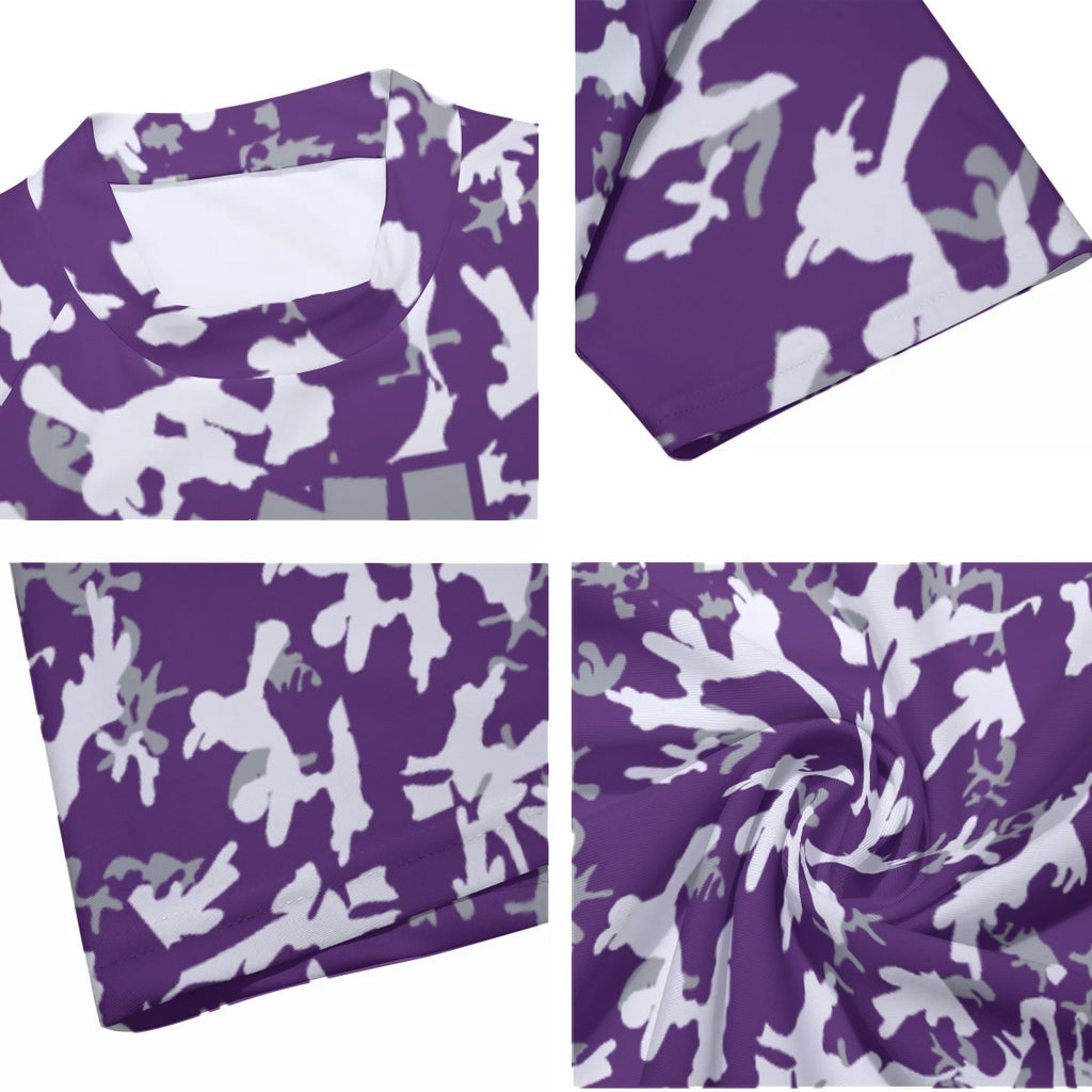 Athletic sports compression shirt for youth and adult football, basketball, baseball, cycling, softball etc printed with camouflage purple, gray, white colors