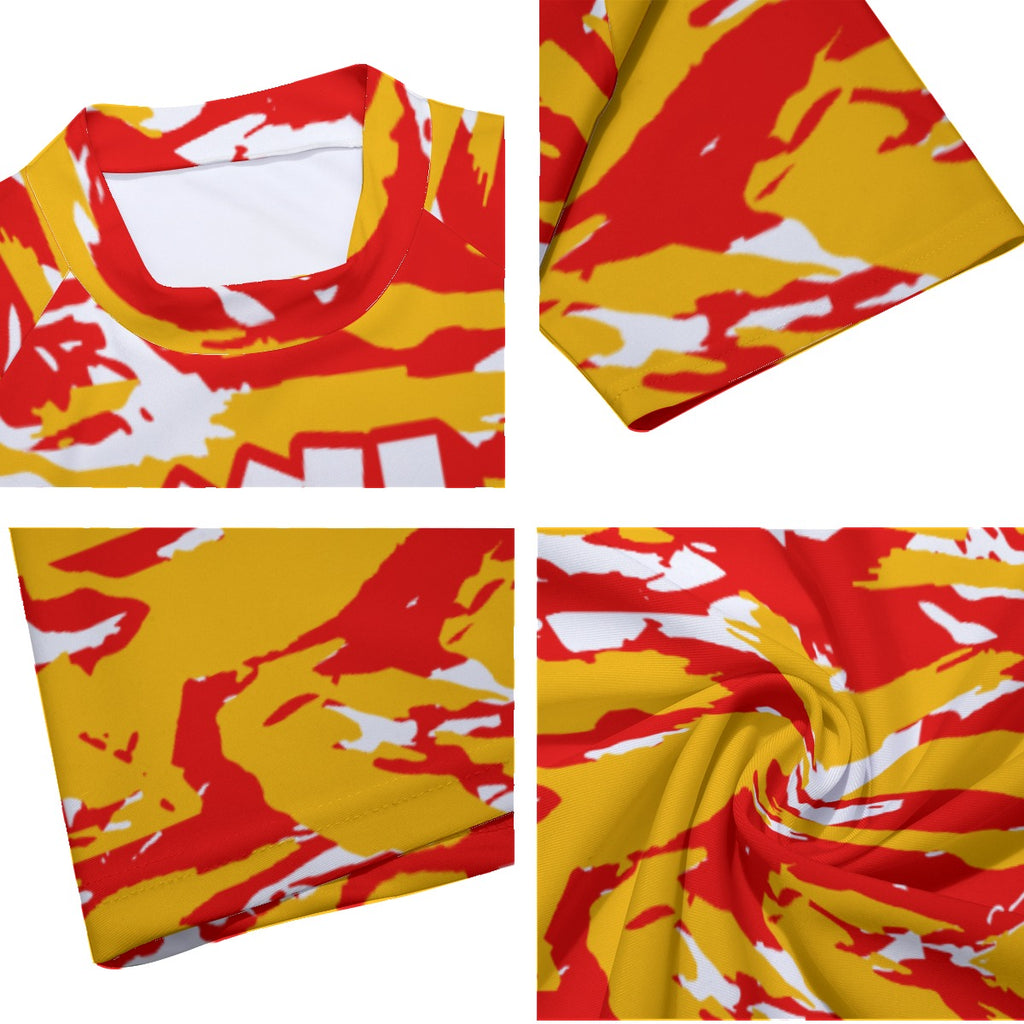 Athletic sports compression arm sleeve for youth and adult football, basketball, baseball, and softball printed with red, yellow, and white colors Calgary Flames. 