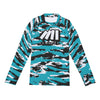 Athletic sports compression shirt for youth and adult football, basketball, baseball, cycling, softball etc printed with camouflage turquoise, black, and white colors San Jose Sharks. 