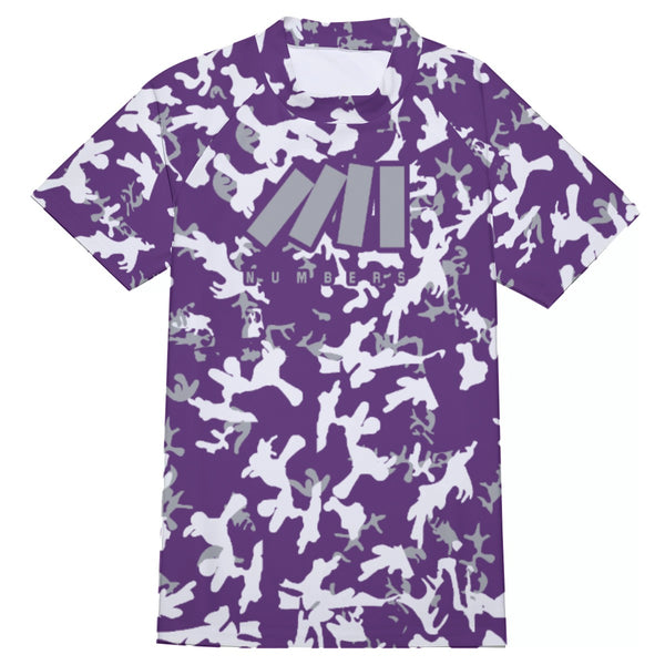 Athletic sports compression shirt for youth and adult football, basketball, baseball, cycling, softball etc printed with camouflage purple, gray, white colors