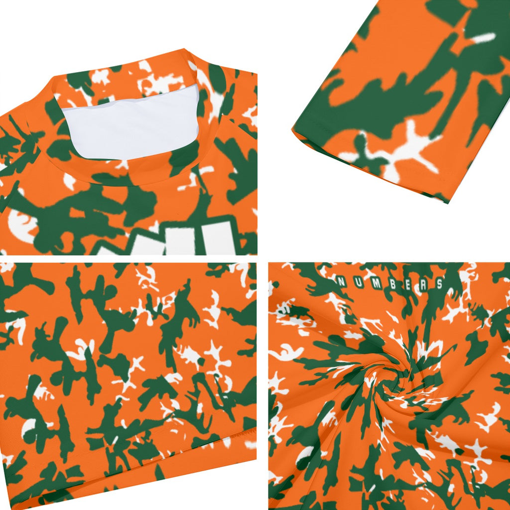 Athletic sports compression shirt for youth and adult football, basketball, baseball, cycling, softball etc printed with camouflage orange, green, white colors