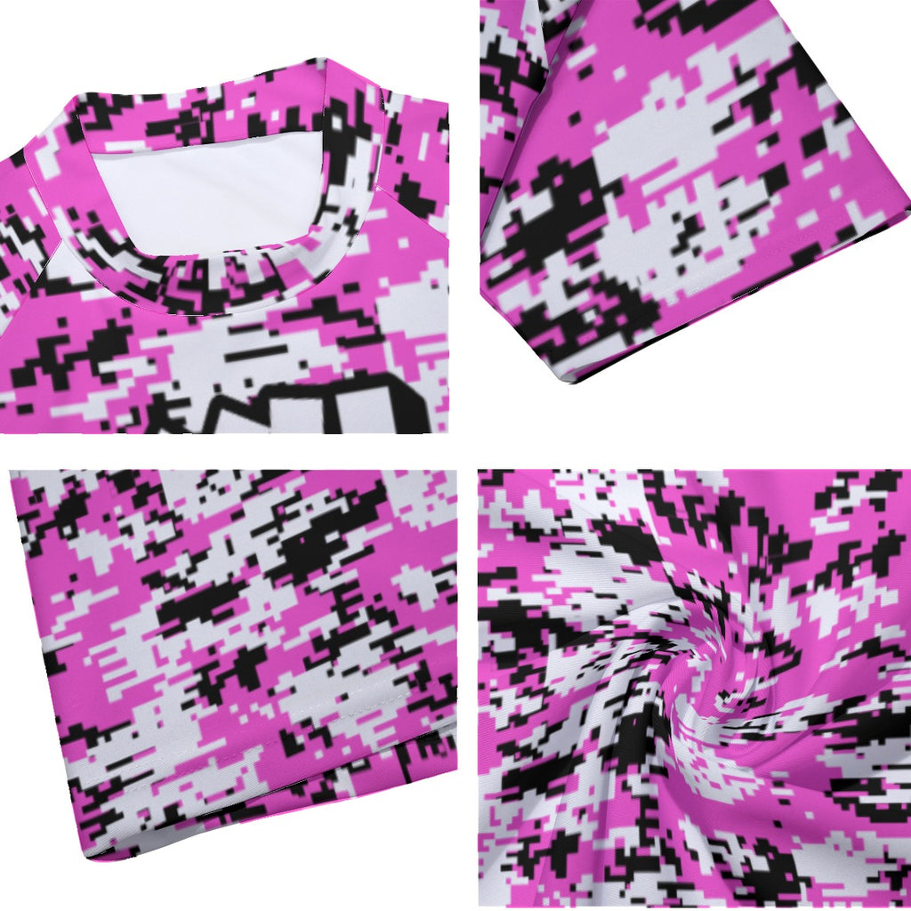 Athletic sports compression arm sleeve for youth and adult football, basketball, baseball, and softball printed with pink, white, and black colors. 