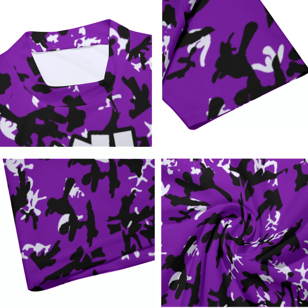 Athletic sports compression shirt for youth and adult football, basketball, baseball, cycling, softball etc printed with camouflage purple, black, white colors
