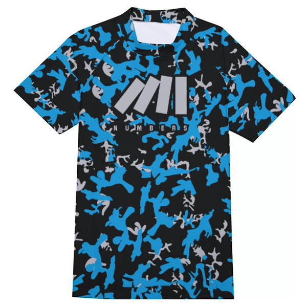 Athletic sports compression shirt for youth and adult football, basketball, baseball, cycling, softball etc printed with camouflage light blue, black, gray colors