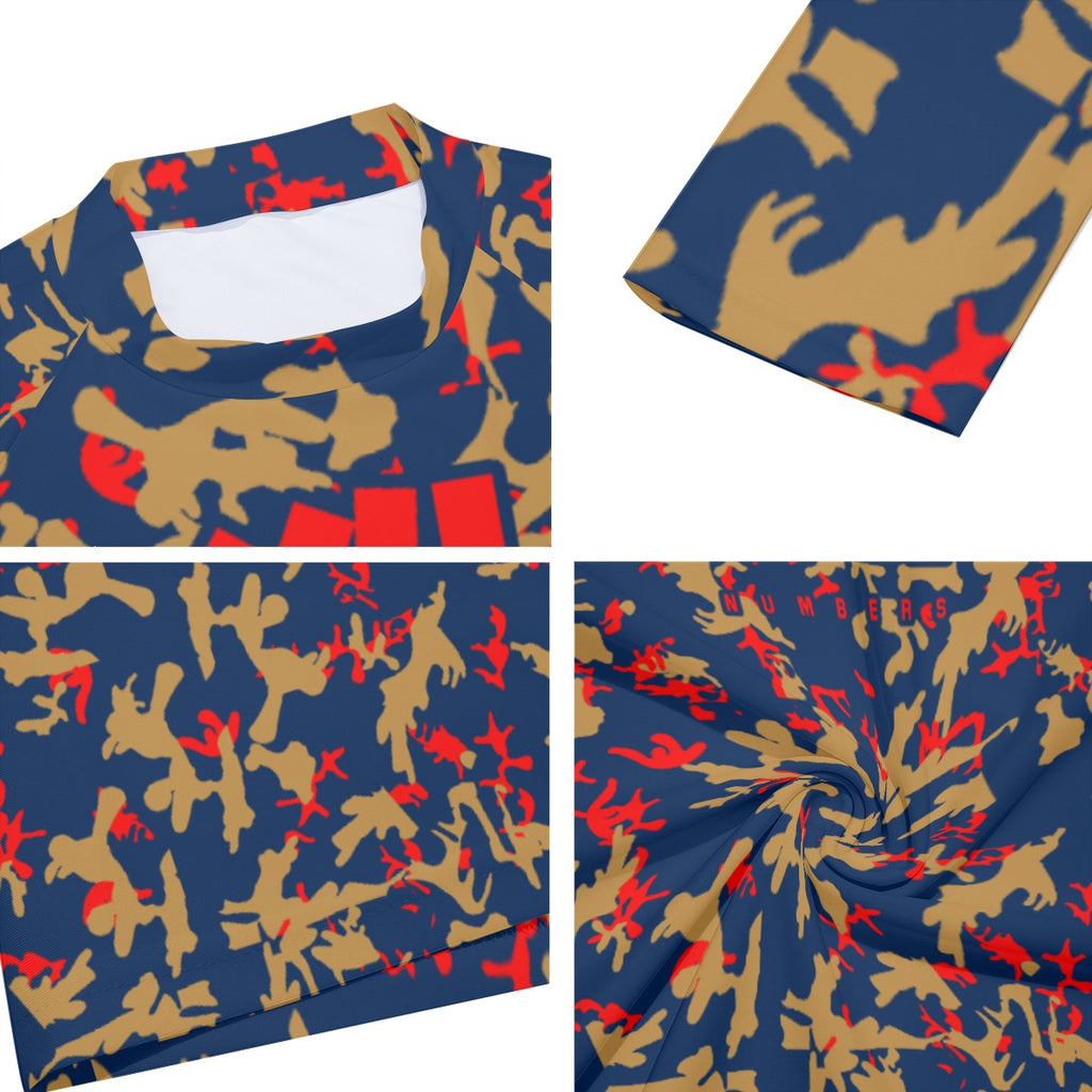 Athletic sports compression shirt for youth and adult football, basketball, baseball, cycling, softball etc printed with camouflage navy blue, gold, red colors