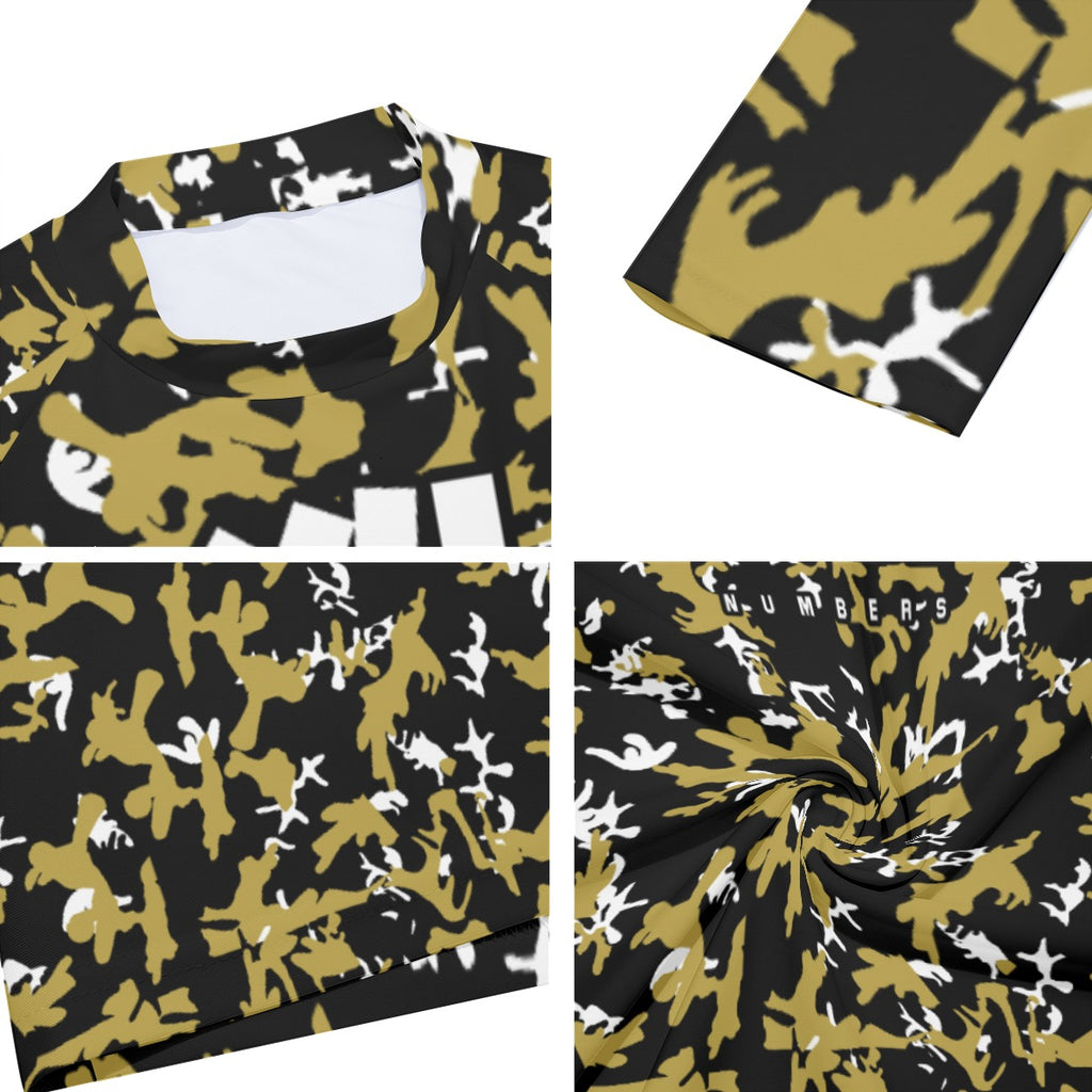 Athletic sports compression shirt for youth and adult football, basketball, baseball, cycling, softball etc printed with camouflage black, gold, white colors
